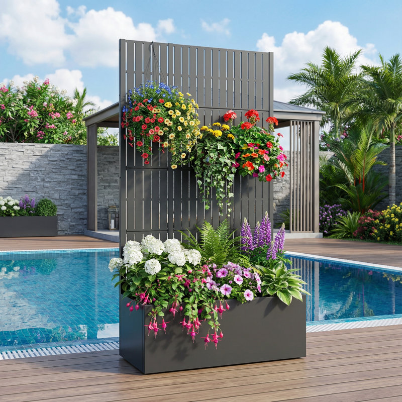 Metal Planter Box with Trellis without Wheels, black