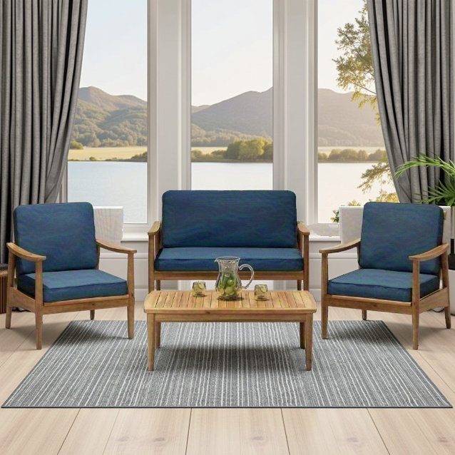 Ensemble de conversation d'extérieur en teck brun 4 pièces - Bois d'acacia avec coussins résistants à l'eau sarcelle foncé (comprend causeuse, 2 fauteuils club, table basse)