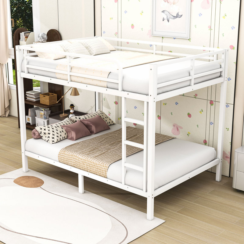 Metal Bunk Bed With Guardrails And Ladder, White, Full XL