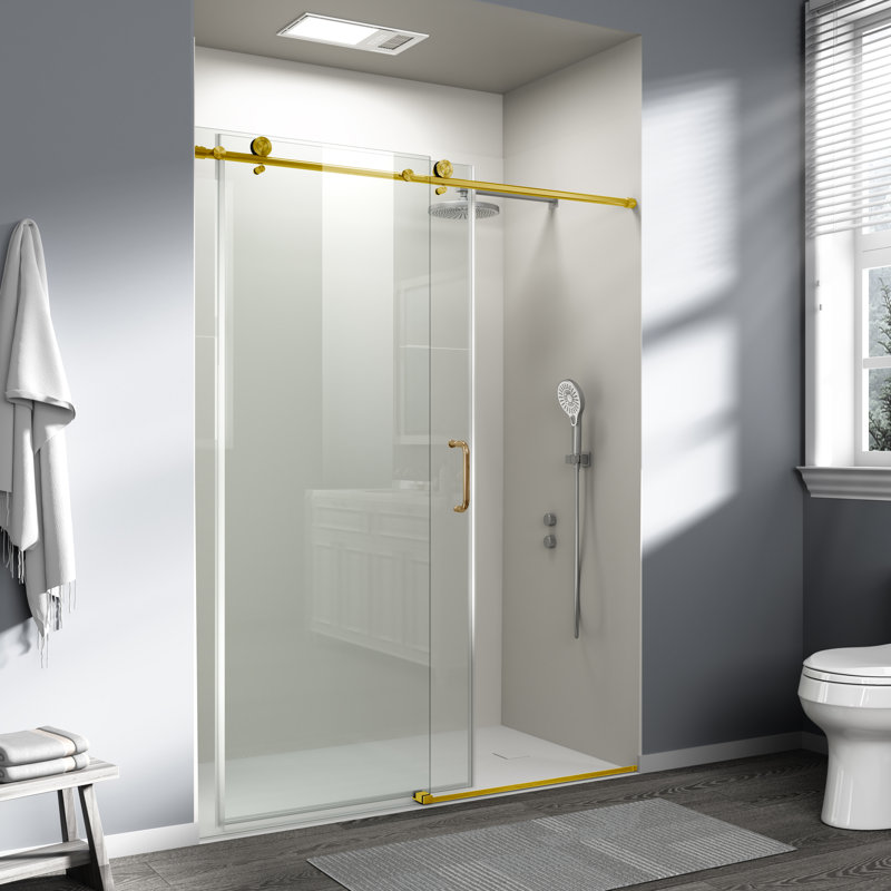 56 à 60 po X P 76 po H Porte de douche coulissante simple sans cadre (6 mm) en verre trempé au fini or brossé | Idée de cadeau