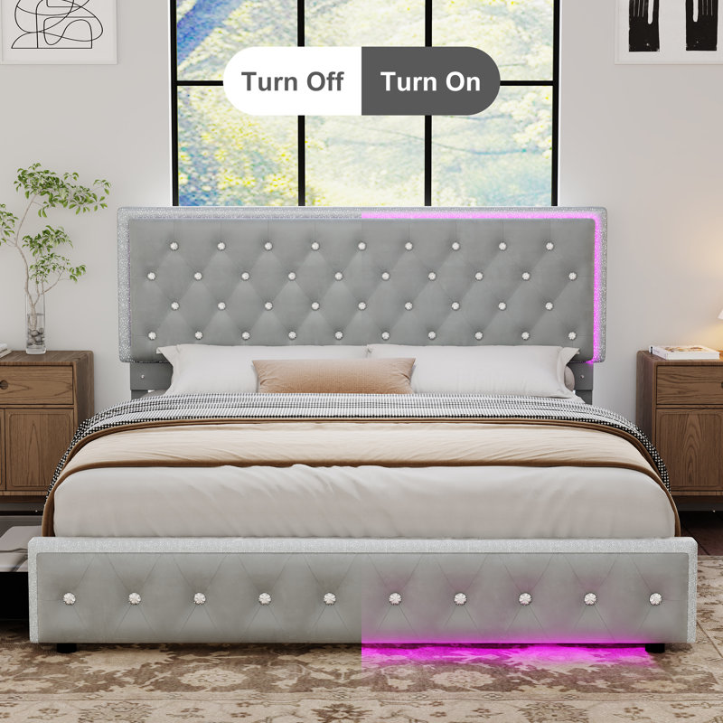 Velvet Bed Frame with 2 Drawers, Upholstered Headboard, LED Footboard and Side Pockets, Gray, Queen