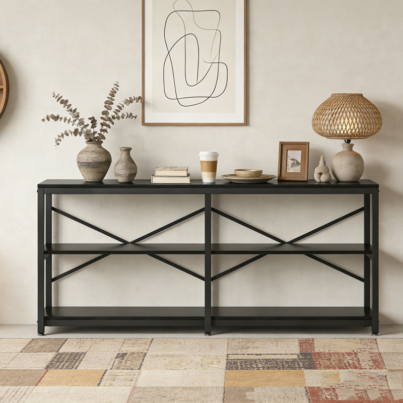 3-Tier Console Table Long Foyer Sofa Table with Storage Shelves, Black