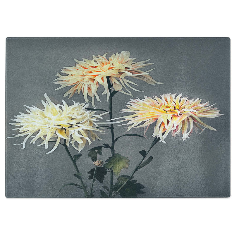 Tempered Glass Three Chrysanthemums by Ogawa Kazumasa Cutting Board, 28.5 cm W x 20 cm L