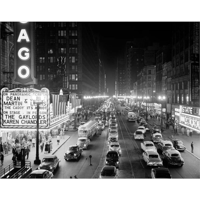 Décoration murale des années 1950, scène de nuit de Chicago