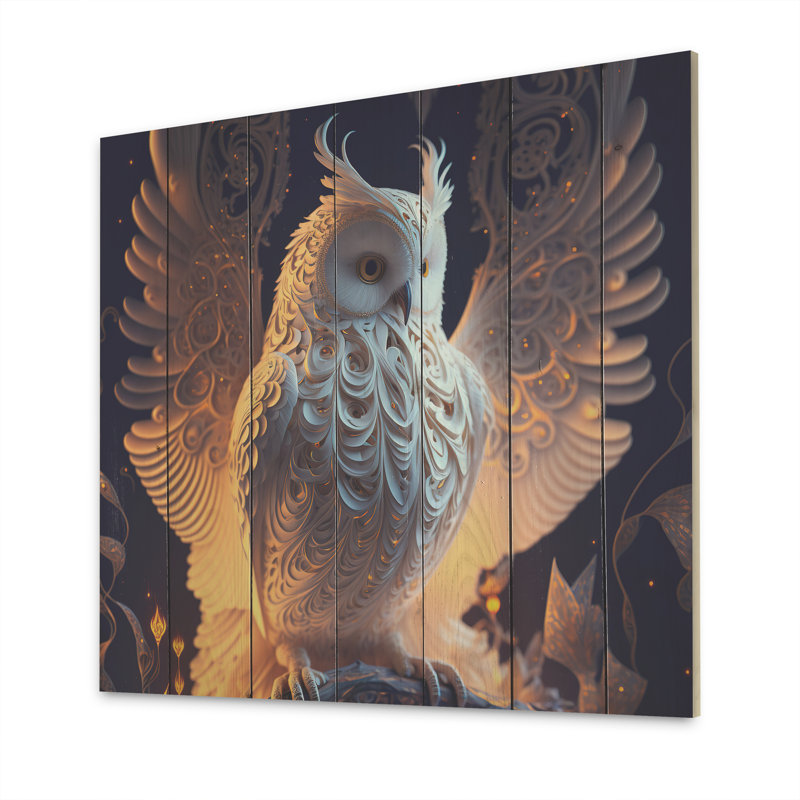 Hibou blanc lumineux II - impression sur bois sans cadre, H 16 po x l 16 po x P 1 po