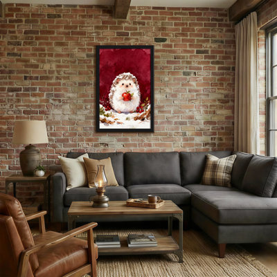 Christmas Hedgehog Holding Apple In Snowy Scene