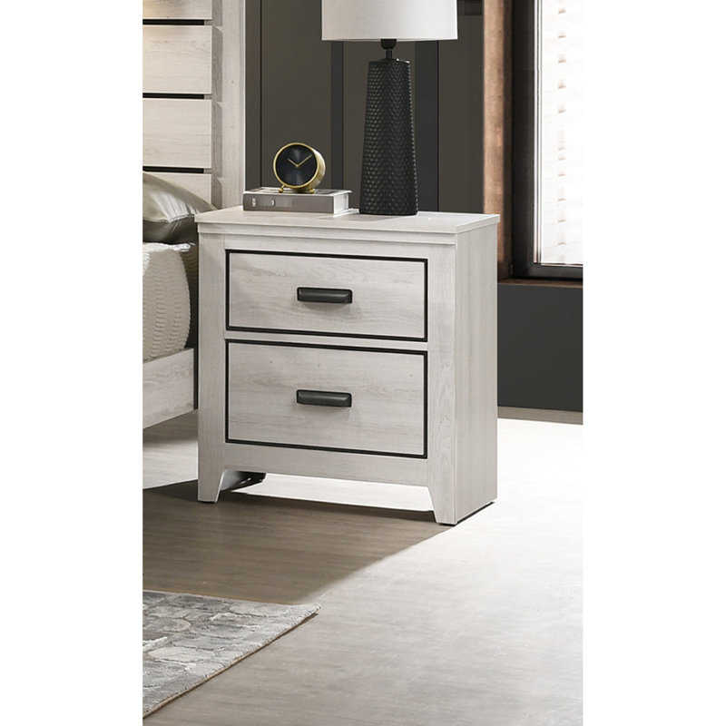 Table de chevet contemporaine 2 chambres en beige - solide et avec deux tiroirs de rangement à poignées en métal, Beige