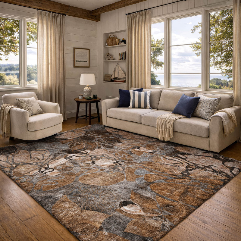 Premium Machine Washable Dream Shag ADS558 Floral Rug, Paprika, 10' x 14'