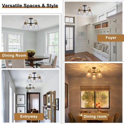 3-Light 20.5" Semi-Flush Mount Ceiling Light, Matte Black and Brass Gold Modern Farmhouse Fixture with Hammered Glass Shades