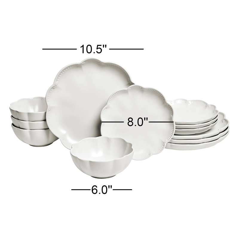 Sango Bethany 12-Piece Stoneware Dinnerware Set – Service for 4, Scalloped Plate & Bowl Set, White