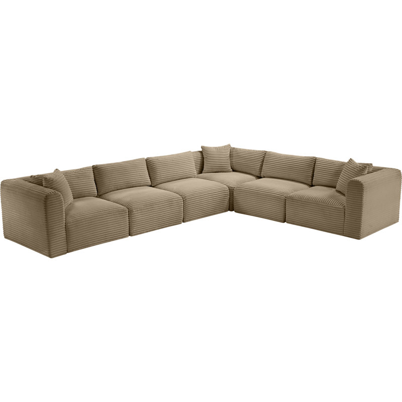 Canapé modulaire en L Carmean Performance, Velours côtelé texturé taupe, 3 sans accoudoirs, 3 en coin