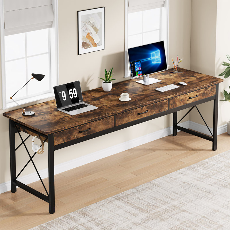 Tayesha 78.74'' W Double Computer Desk, Two Person Desk with 3 Drawers & 4 Hooks, Brown