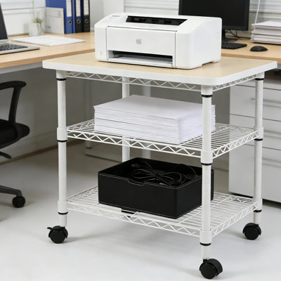 Support d'imprimante robuste à 3 niveaux avec roues verrouillables, capacité de 500 lb, plateau en stratifié durable et cadre en acier pour l'organisation de bureau et de maison