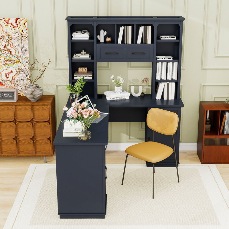 Bureau d'ordinateur en L avec armoire de rangement et prise de courant, Bleu antique