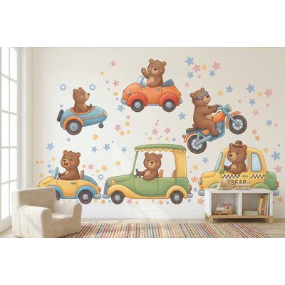 Cute Bear Cars Peel and Stick Vinyl Wall Decal for Nursery