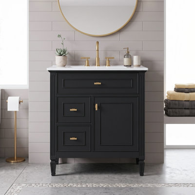 Meuble-lavabo moderne autoportant de 76 cm (30 po) avec lavabo simple en céramique intégrée, 1 tiroir supérieur inclinable, 2 tiroirs standard, structure en bois massif et MDF avec étagères réglables.