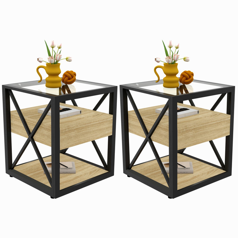 Ensemble de 2 tables de bout modernes avec tiroir - Table de chevet pour chambre à coucher et salon, Bois naturel