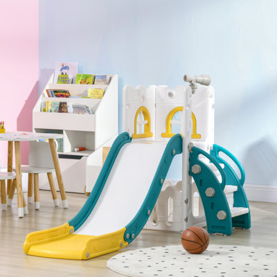 5 in 1 Toddler Slide, Indoor Kids Slide Playset for 1-3 Years Olds with Basketball Hoop, Climber, Telescope & Storage Basket, Yellow