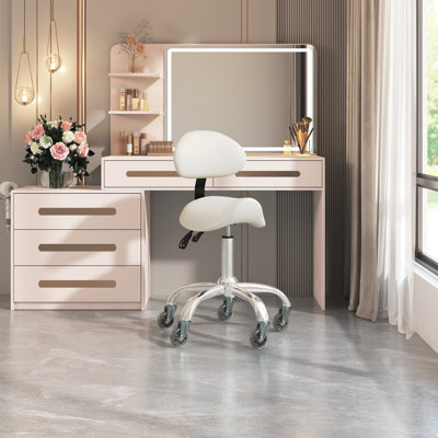 Ergonomic Saddle Stool with Premium Leather, Backrest Support, Rolling Casters, Easy to Assemble, Beige
