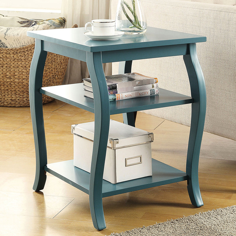 Table de bout sarcelle avec plateau carré et 2 tablettes, pieds en bois, solution de rangement ouverte, tablettes de 18 po x 18 po x 23 po pour le rangement, corps principal, base 18 po x 18 po