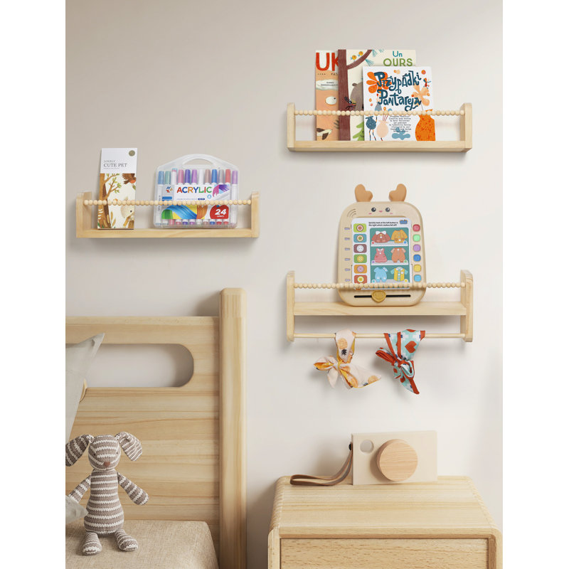 Natural Wood Nursery Floating Shelves Set of 3 with Towel Bar 23in Wall Mounted Organiser for Child's Room, Natural Wood