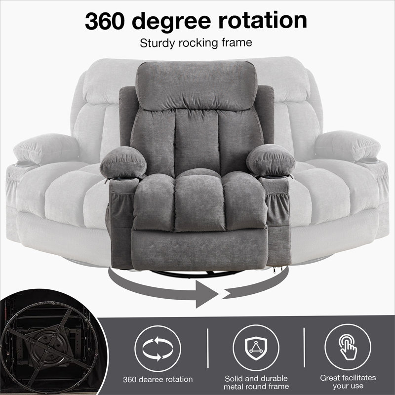 Swinging recliner massage heated sofa, with USB and 2 cup holders in side pockets