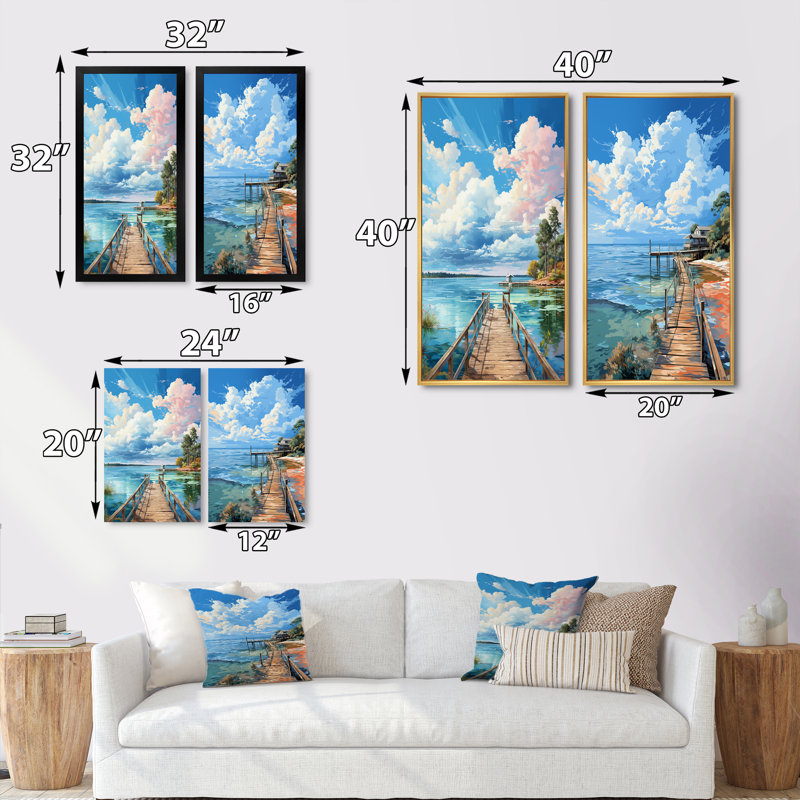 «Pier And Dock Seaside», 2 pièces, Cadre blanc, H 32 po x l 32 po