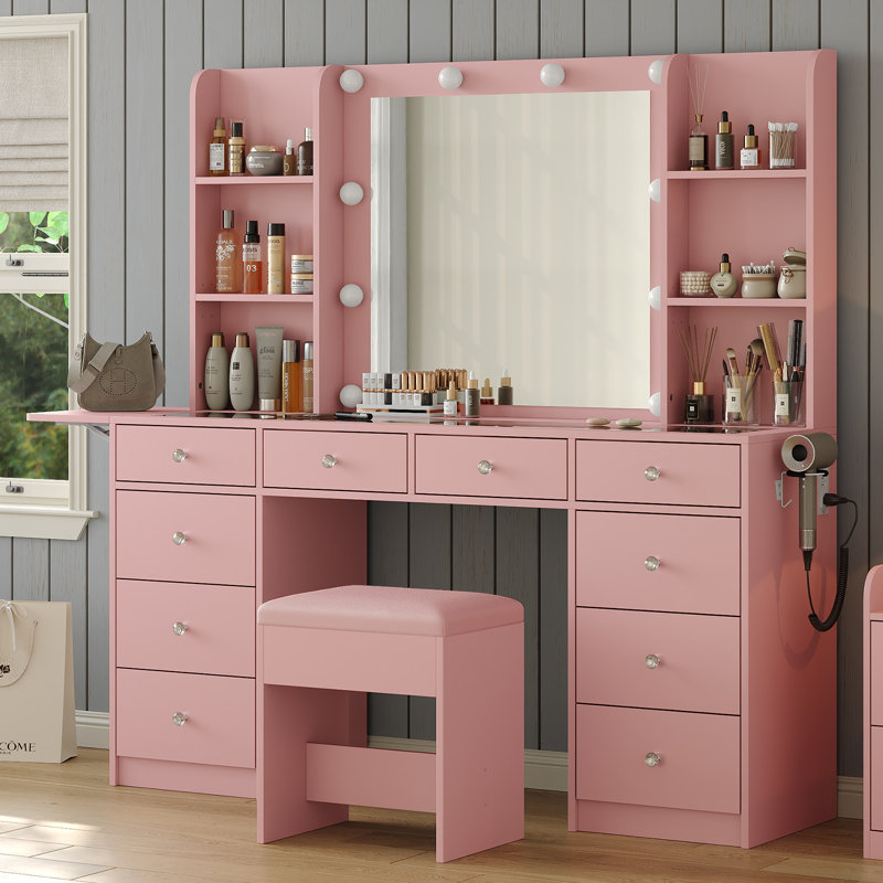 Makeup Vanity With Mirror, Vanity Desk With Power Outle,  Makeup Vanity With Lights, 3 Lighting Modes Adjustable, Makeup Table With Fold-Up Panel, 9 Drawers Vanity Set