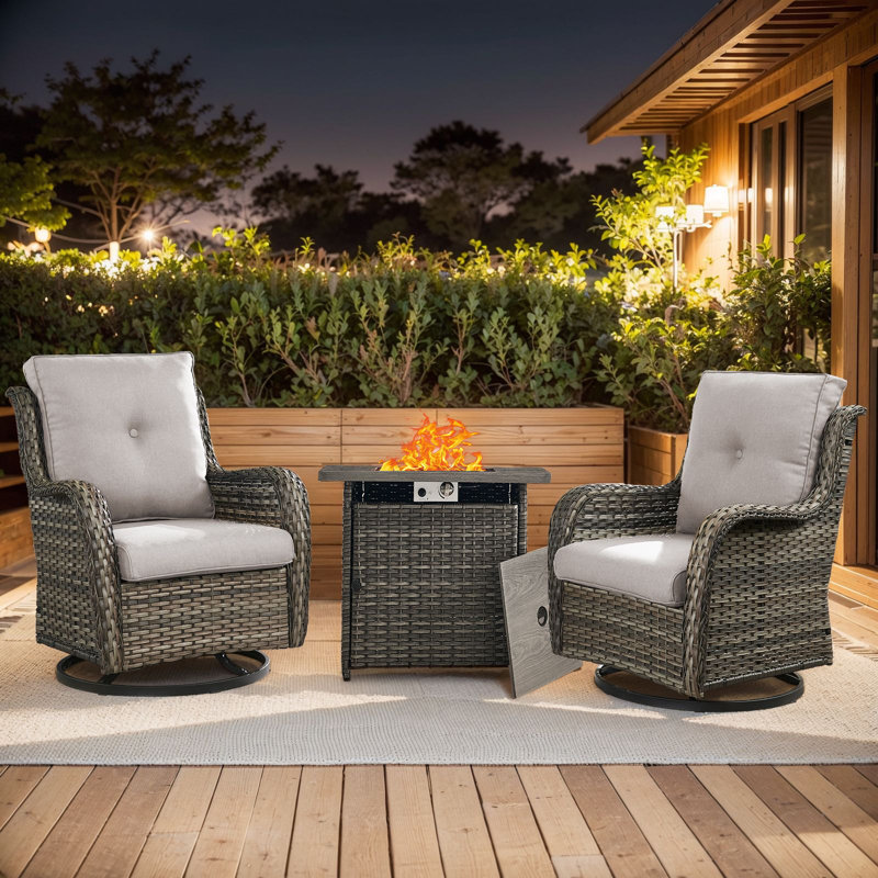 Wendye 3-Piece Outdoor Chair Set With Swivel Chairs & 55K BTU Fire Pit Table, Beige, Gray