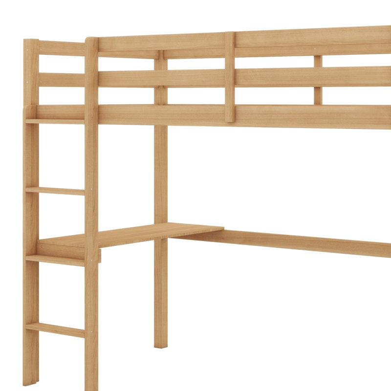 Twin High Loft Bed, Rubber Wood Loft Bed With Safety Guardrail, Built-In Desk, Ladder, White Oak