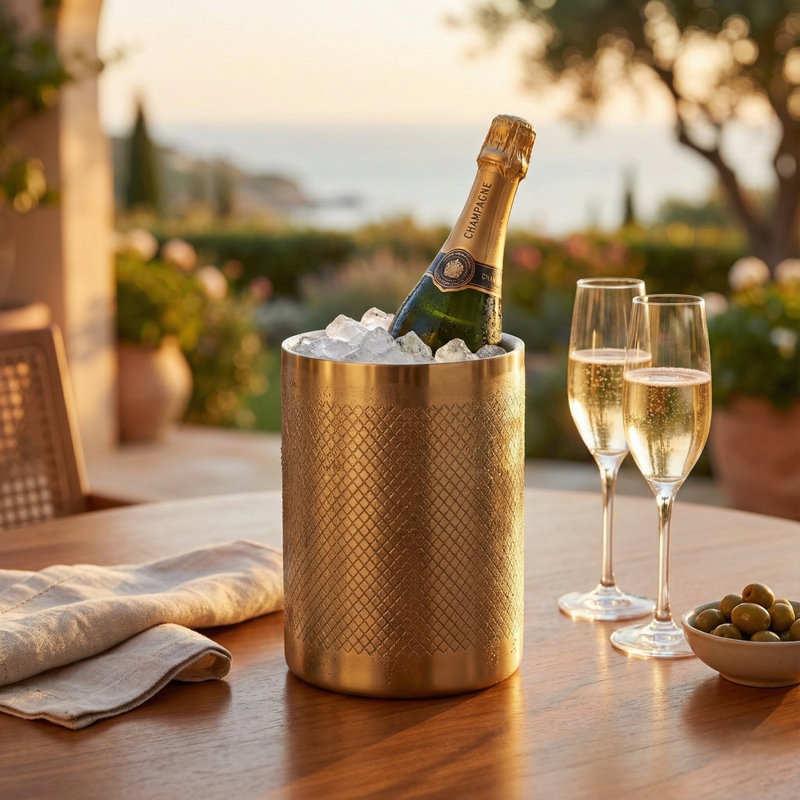 URBNLIVING Gold Metal Barware Set Cocktail Shaker Ice Bucket Wine Cooler Tongs Double Wall - Wine Cooler