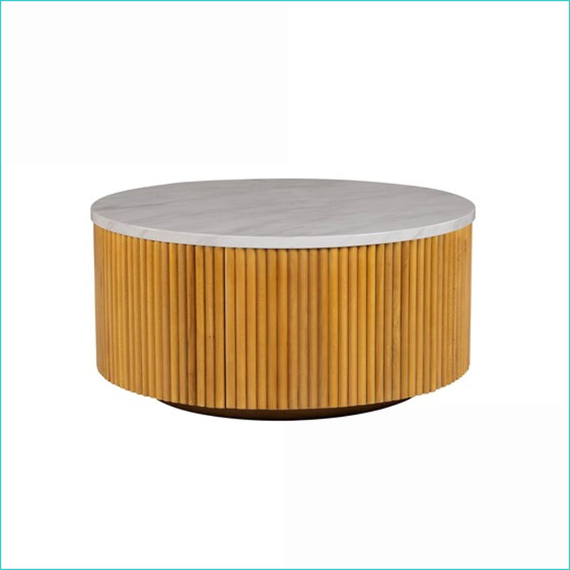 Table basse ronde en faux marbre blanc avec rangement, base en bois naturel et amp; Pas d'assemblage pour le salon