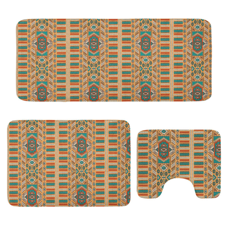  Ensemble de 3 tapis de salle de bain Aztec Aztec orange et bleu sarcelle