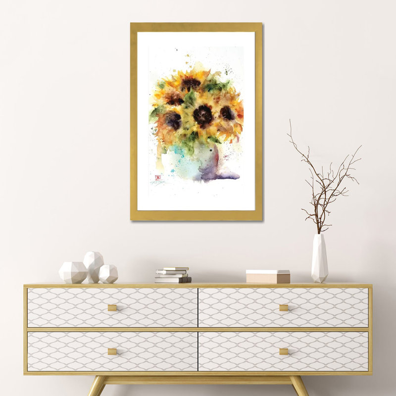 "Tournesol vase" par Dean Crouser, reproduction d’art, H 24 po x l 16 po x P 1 po, Papier encadré doré, Blanc