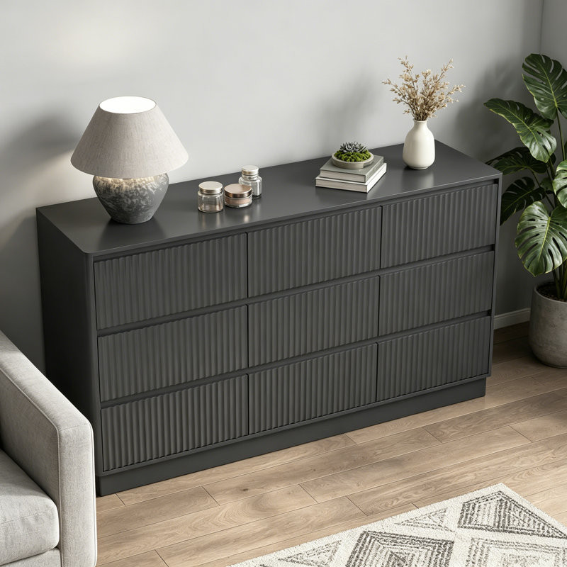 9 Drawer Dresser For Bedroom With Large Drawers, 63" Wide Wood Dresser, Large Floor Chest Of Drawers, Modern Long TV Stand, Mid Century Storage Cabinet Side Table, Black