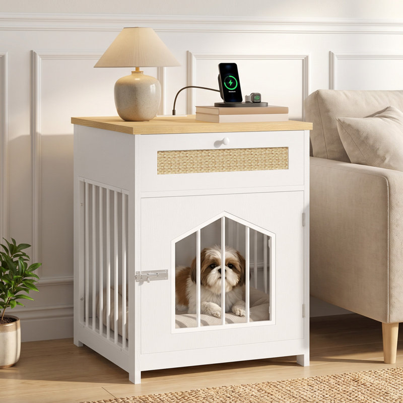 Mobilier pour cage de chien avec prise de courant, cage pour table d'appoint avec tiroir en rotin, chenil en bois pour petits chiens, maisonnette d'intérieur pour salon