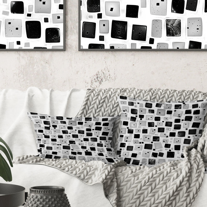 Black White Midcentury Mosaic Tiles I - Midcentury Throw Pillow, H 16 po x l 16 po
