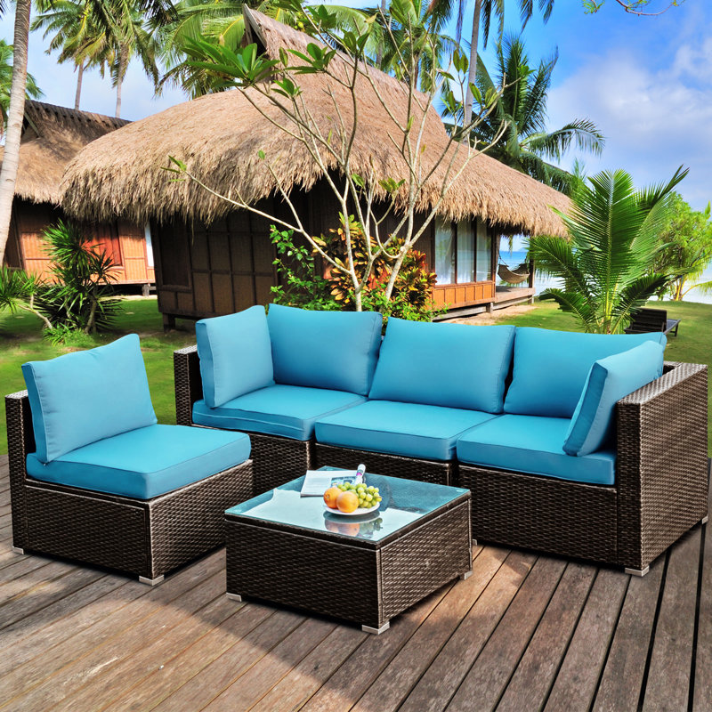 Rattan Sectional Seating Group with Cushions, Turquoise