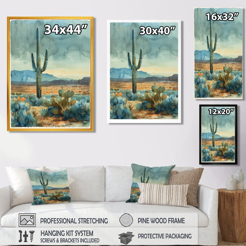 Cactus vert et gris, désert, rêve I - art mural floral cactus, Toile encadrée noire simple, H 44 po x l 34 po x P 1,5 po