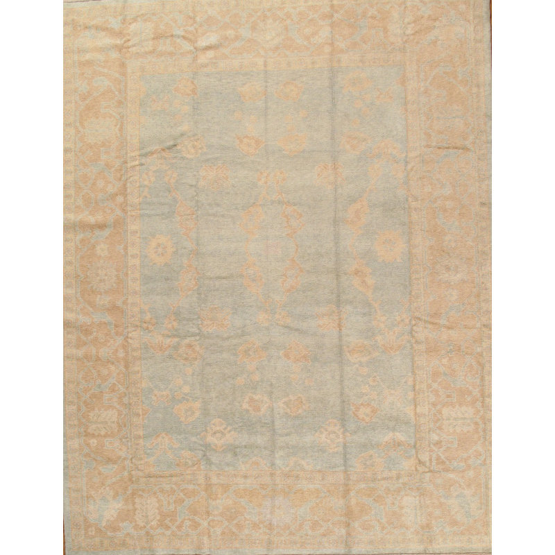 Tapis unique en laine noué à la main de style années 2010 de 9 pi x 12 pi bleu / beige Oushak