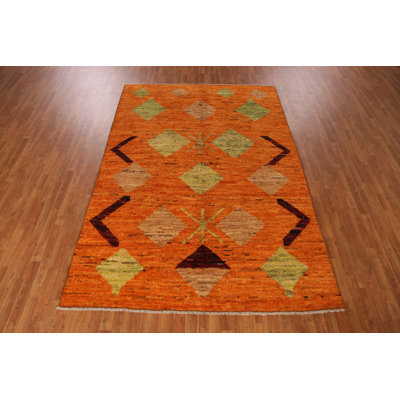 Tapis oriental orange fait à la main en laine orange 7 x 10