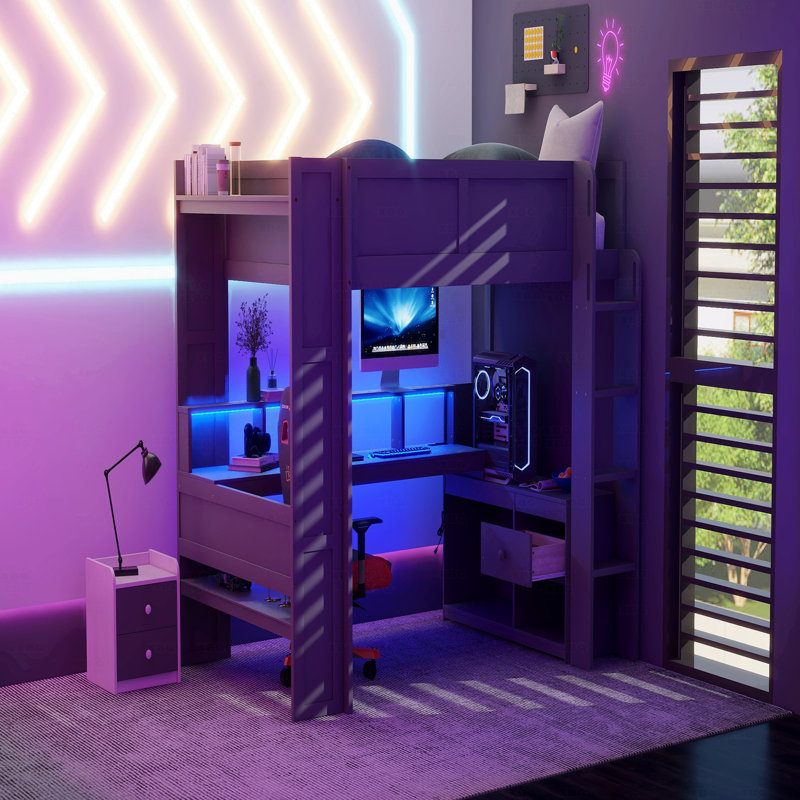Lit mezzanine en bois pleine grandeur avec rangement, bureau, tablettes multiples, DEL et station de charge, Lit double