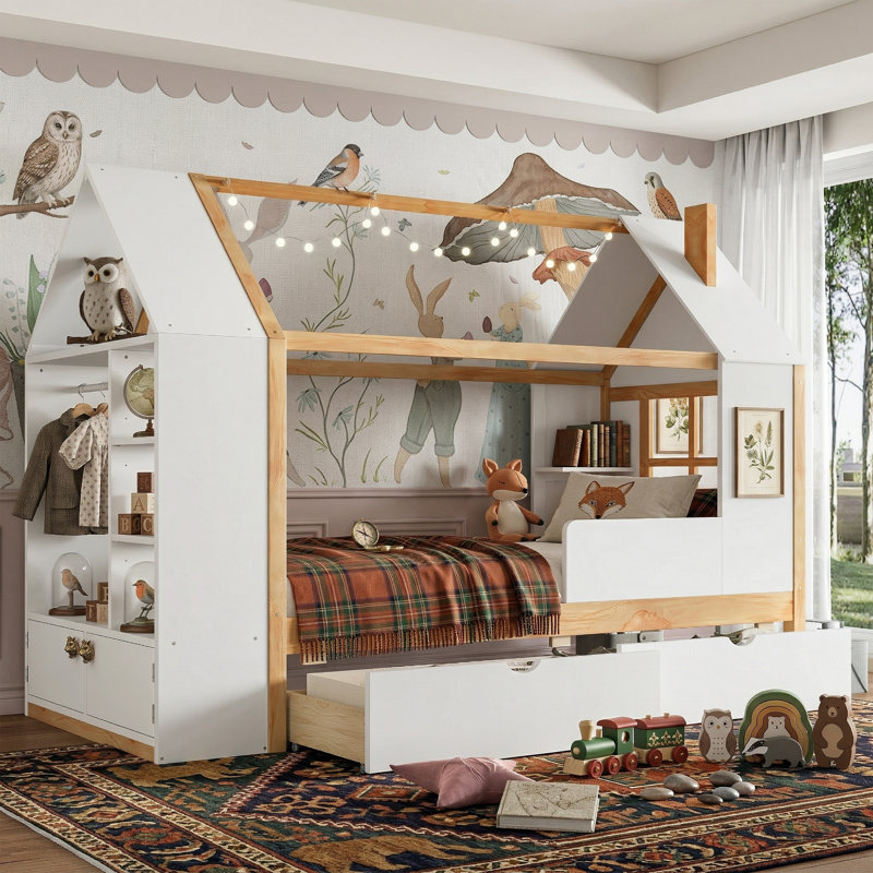 90.7" Wood House Bed with Integrated Wardrobe & 2 Drawers - Twin Size Platform Bed with Storage Shelves - Solid Pine Frame - White & Natural