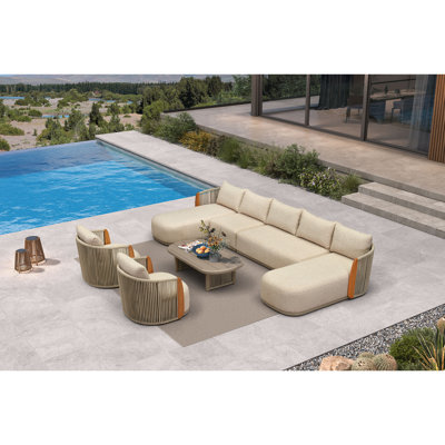  Patio Conversation Sets, 8-Piece U-Shaped Patio Furniture Set with Genuine Teak, Olefin Fabric & 9" Thick Backrest& Aluminum Rope Coffee Table - Luxury Outdoor Sectional Sofa