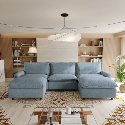 5-Piece Upholstered Modular Linen Fabric Sectional Sofa With Ottoman