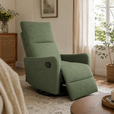 Manual Swivel Recliner with Rocking Function, Small Upholstered Fabric Glider Chair for Living Room, Dark Green