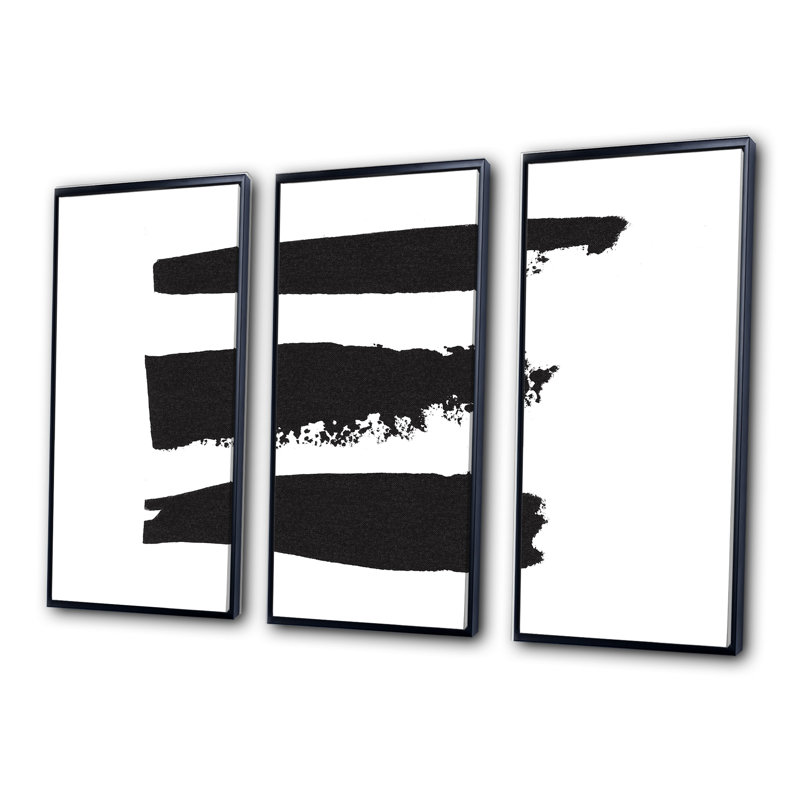 «Black and White Geometric Company II», ensemble d'art mural moderne encadré sur toile Mid-Century, 28" H x 36" W x 1" D