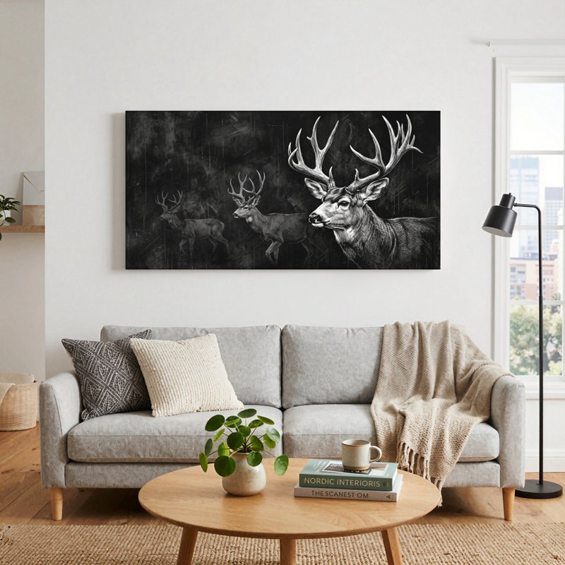 Ensemble de 1 tableau sur toile représentant une forêt de cerfs, L 46 po x H 24 po, Toile tendue