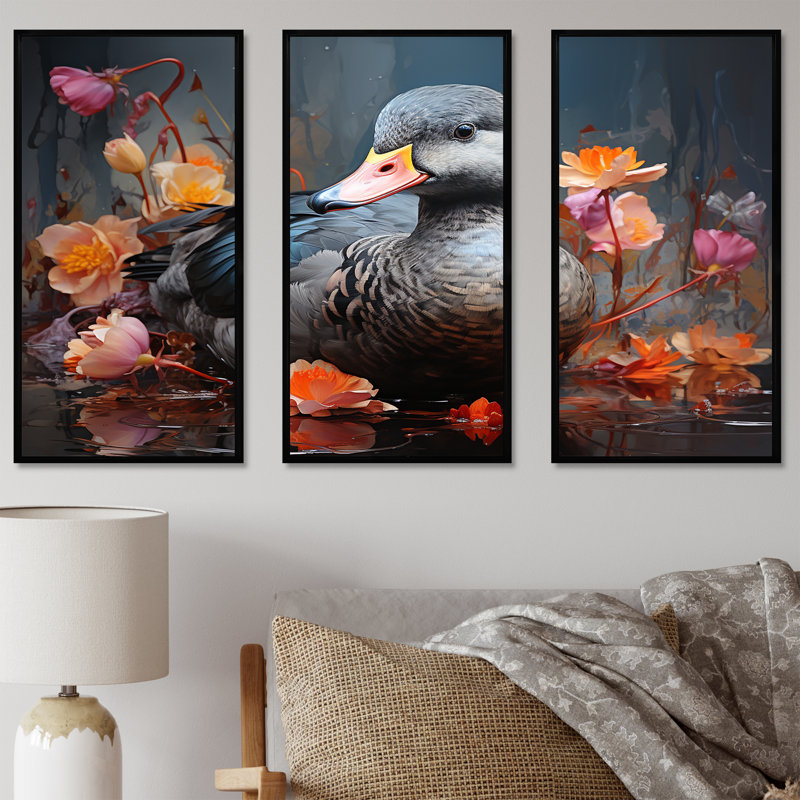 «Grey Duck», art mural canard gris, H 28 po x l 36 po, Cadre flottant noir