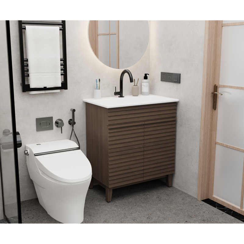 Meuble-lavabo de style Mid-Century de 76 cm (30 pouces) avec armoire marron, lavabo en céramique blanche, rangement sous lavabo, porte à fermeture amortie et motif horizontal à lattes, design moderne et réglable.